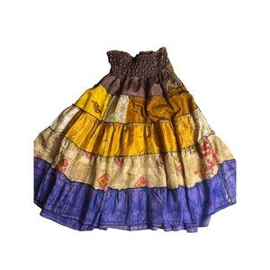 Boho Tiered midi Skirt India-Made 100% Silk Multicolor Patchwork Elastic Waist